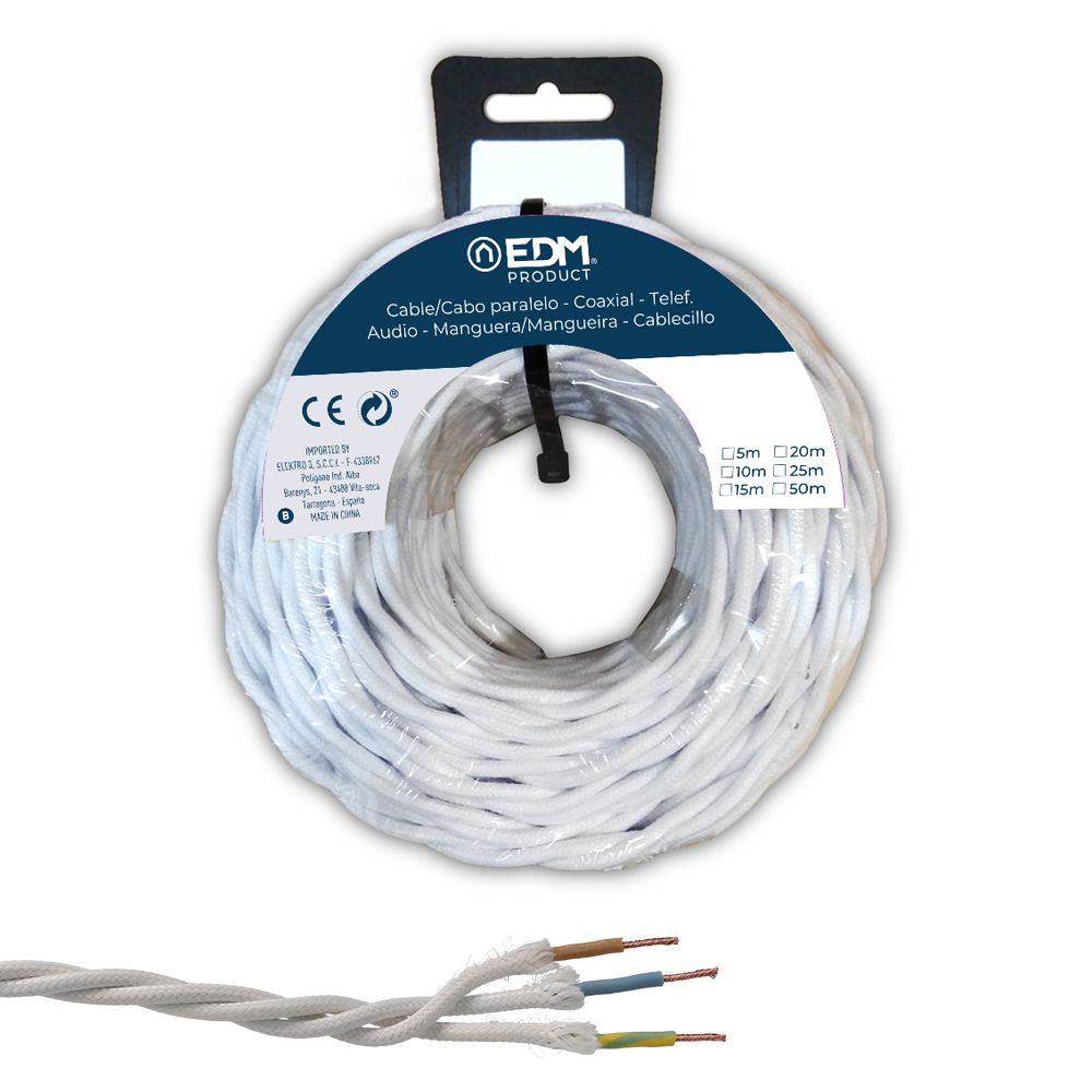 Carretel de cabo paralelo têxtil trançado H05VV-F 3 g 1,50 mm² branco, 25 m