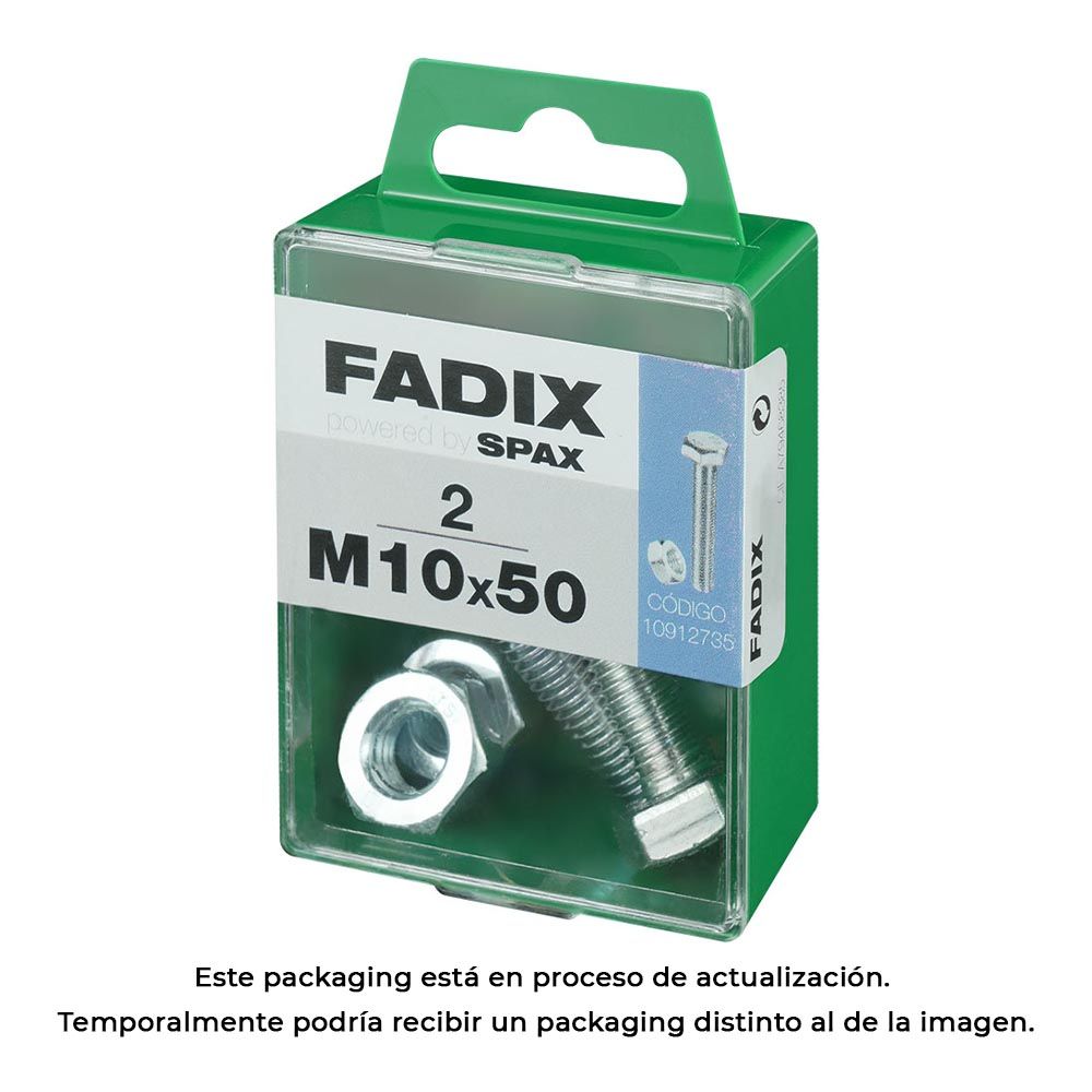 Caixa m 2 unid. parafuso metrico CAB hex+porca zinco m 10x50mm fadix