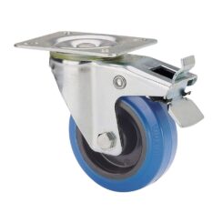 Roda giratória em borracha com placa, eixo de rolo e travão, COR azul, carga máx. 130 kg, ø 12,5 cm