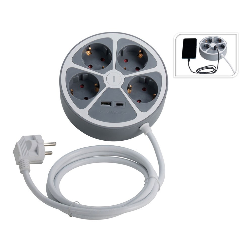 Base de tomada múltipla 4 tomadas redonda + USB, 1,4 m cabo