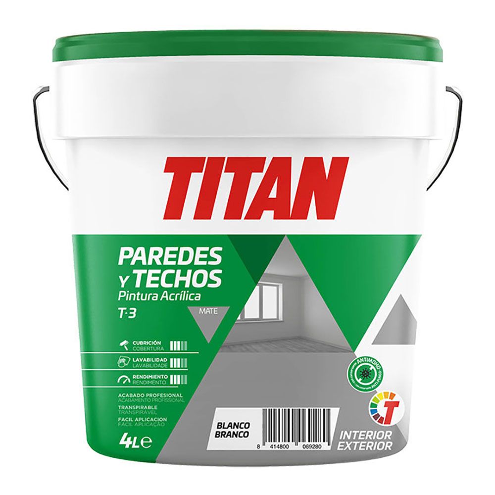 TITAN Tinta plástica estireno acrílica interior/exterior, antimofo t-3, branco mate, 4 l
