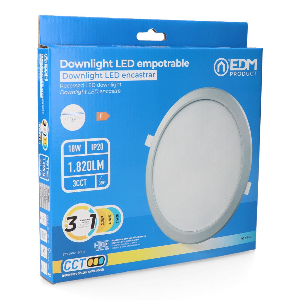 Downlight LED de encastrar, redondo, 18 W, 3CCT, 1820 LM, embelhecedor alumínio, Ø22,3 cm - Image 2
