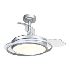 Ventoinha de teto LED 3 pás retráteis antila mini 40W 4000lm prateada,  pás Ø92 cm, aplique Ø40 cm, altura 38 - 48 cm