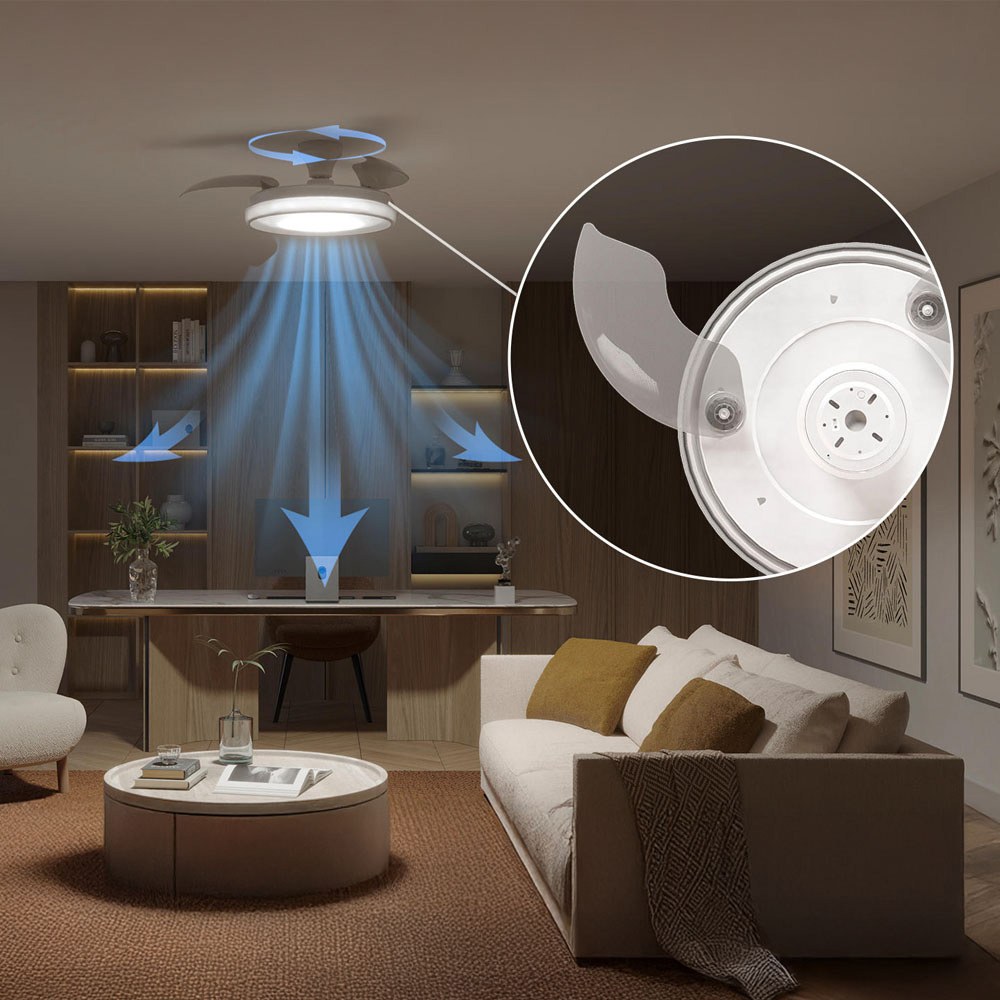 Ventilador de teto com pás retráteis, LED 3 CCT, DC 28 W + 35 W, modelo bliss, branco, Ø106 cm - Image 4
