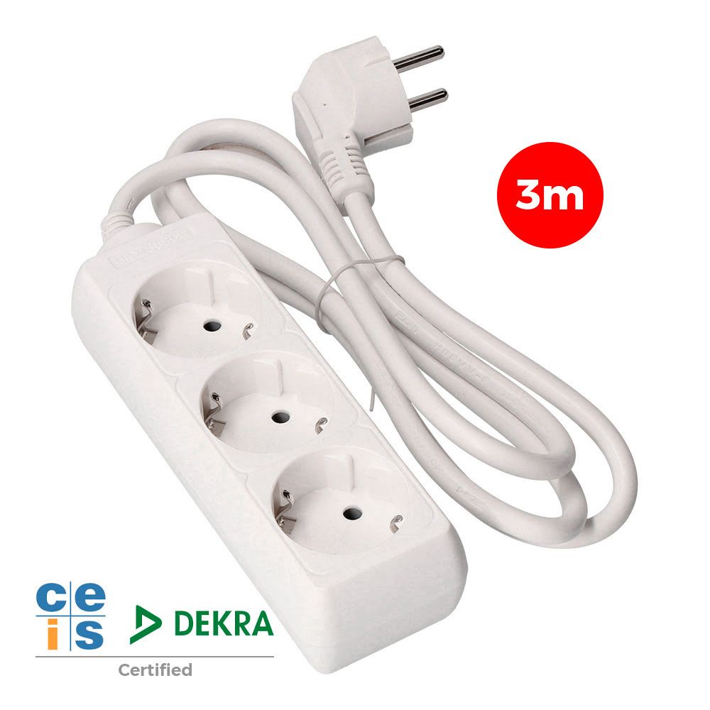 Base múltipla, 3 bases schuko 2P+E, cabo de 3 m H05VV-F 3G1,5 mm² 16A 250V~ 3680 W, branca