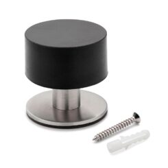 Batente de porta alto, em aço inox com acabamento preto, fixação com parafusos e adesivo, blister
