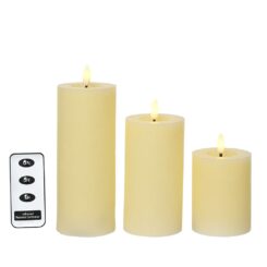 Vela de cera LED bege, acabamento rústico, ø7 cm com diferentes alturas, 3 peças