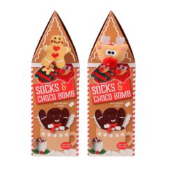 Caixa de Natal com meias e chocolate em formato de biscoito de gengibre, modelos variados