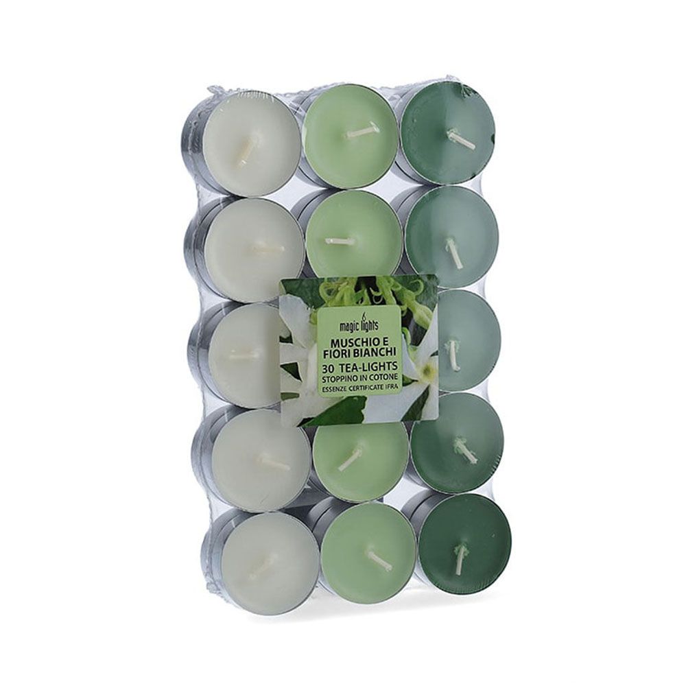 Pacote 30 unid. velas com aroma musk-flores brancas 3,7cm magic lights
