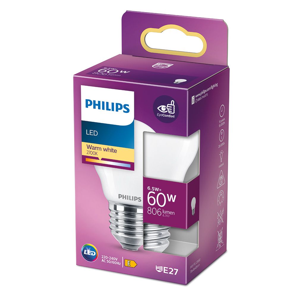 Lâmpada esférica LED E27 6,5W 806lm 2700K LUZ quente Ø4,5x7,8cm philips - Image 2